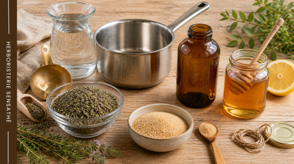 Ingrédients pour recette de sirop de thym maison avec thym séché, miel, eau et matériel d’herboristerie - Herboristerie Sensathé